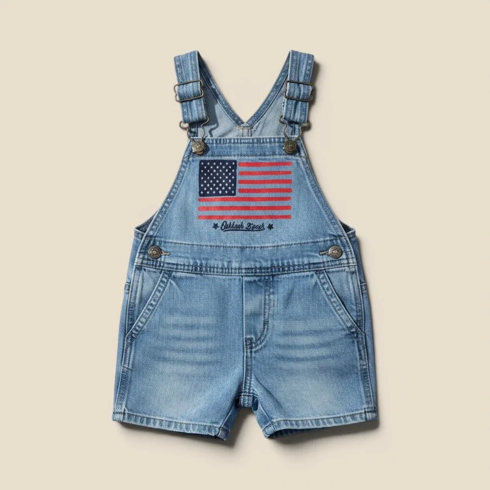 OshKosh Bgosh Baby Boys Denim Shortalls American Flag Acid Wash Blue 12M